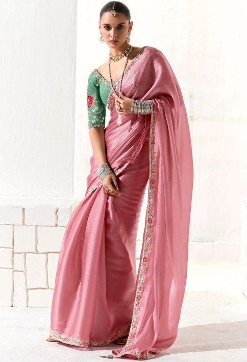 AMAZING LIGHT PINK BORDER WROK TISSUE SILK ENGAGEMENT WEAR SAREE